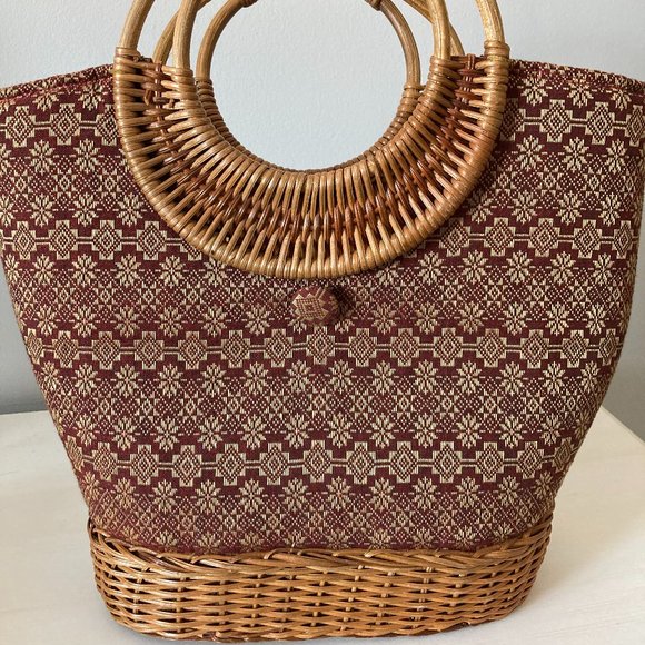 Burgundy & Gold Fabric / wicker bag - Picture 2 of 5